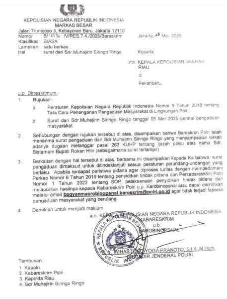 Bareskrim Polri Minta Polda Riau Usut Dugaan Ijazah Palsu Bupati Rokan Hilir