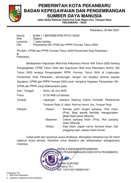 Pemko Pekanbaru Akan Serahkan SK CPNS dan PPPK Formasi 2024 pada 2 Juni 2025