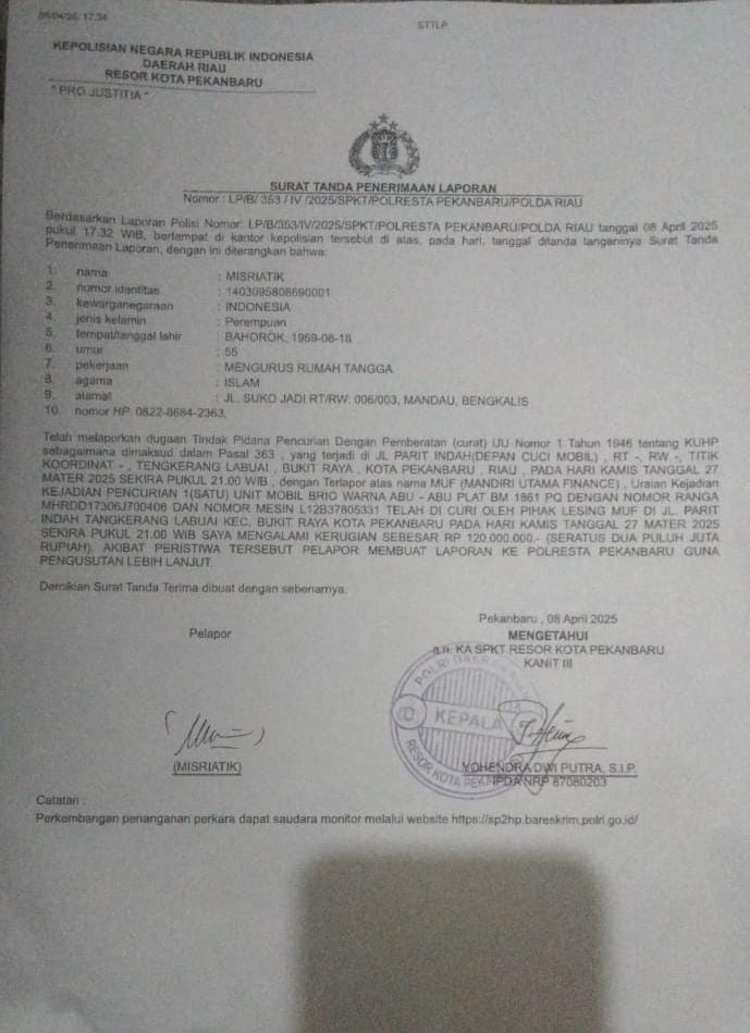 Mobilnya Diambil Leasing Tanpa Izin, Ibu Rumah Tangga Asal Bengkalis Lapor ke Polresta Pekanbaru
